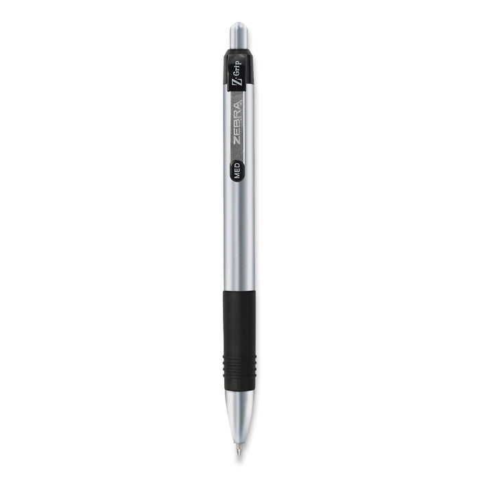 Zebra Z-Grip Metal Ballpoint Pen, Retractable, Medium 1 mm, Black Ink, Silver Barrel, 12/Pack