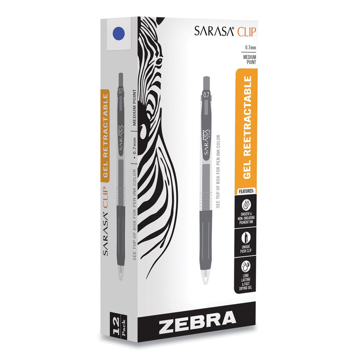 Zebra Sarasa Clip Gel Pen, Retractable, Medium 0.7 mm, Blue Ink, Clear Barrel, 12/Pack