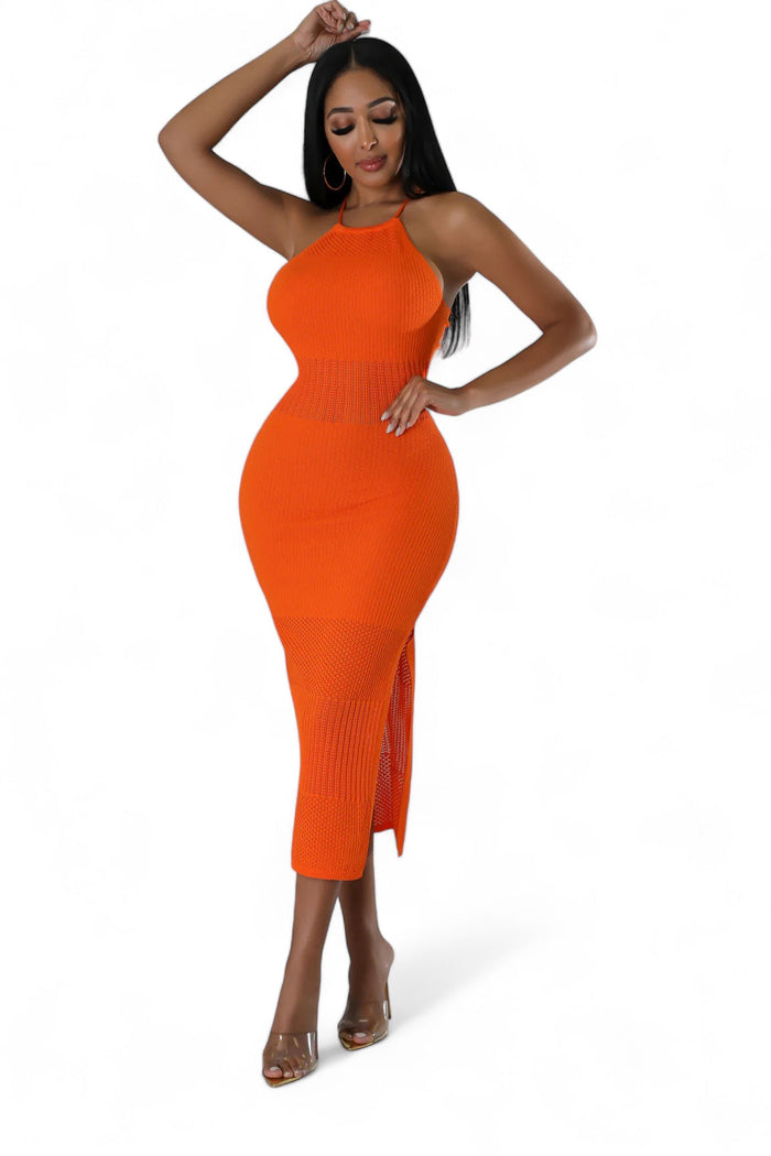 Orange Knit Halter Midi Dress by The House of Stylez