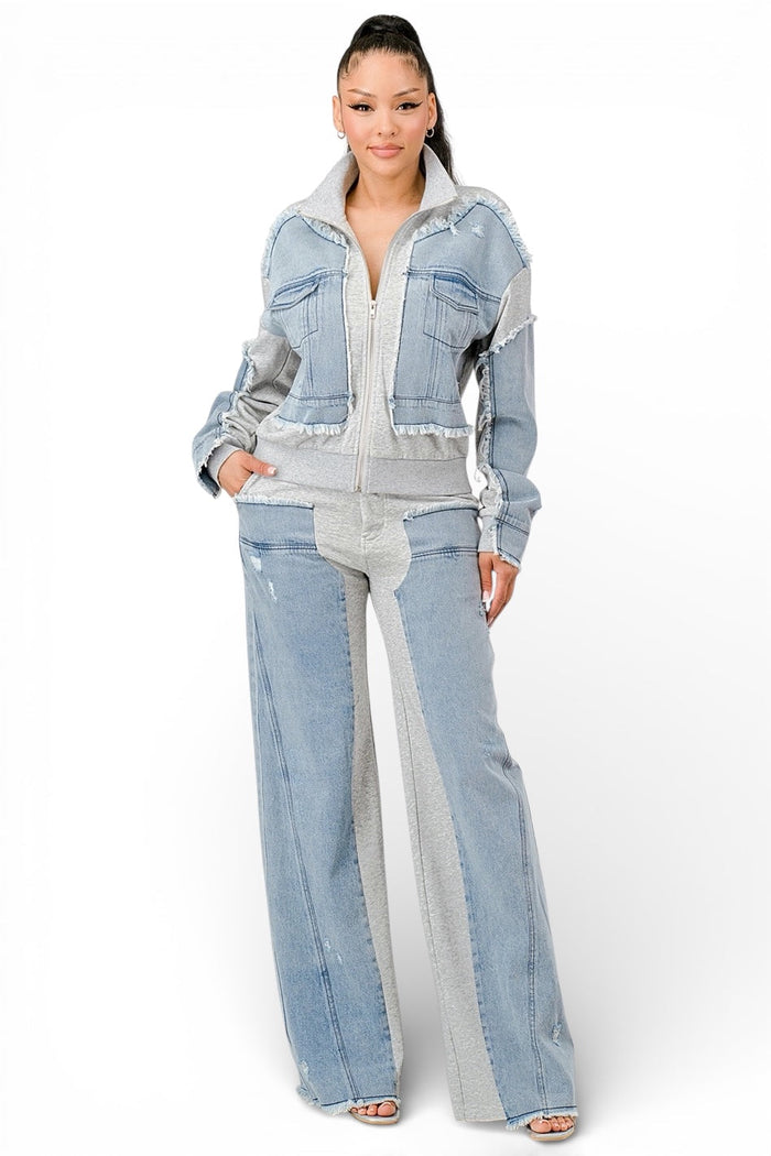 Mixed Material Denim Zip Up Jacket & Wide Leg Pants Set by The House of Stylez