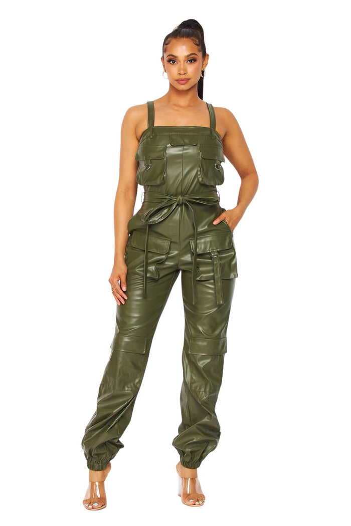 Vegan Leather Cargo Pocket Jogger Jumpsuit by The House of Stylez