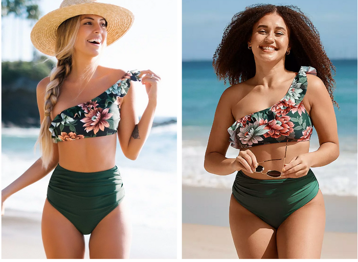 Cupshe Dark Green Floral One Shoulder Ruffle High Waisted Bikini, Size Small by Vanessa Jane