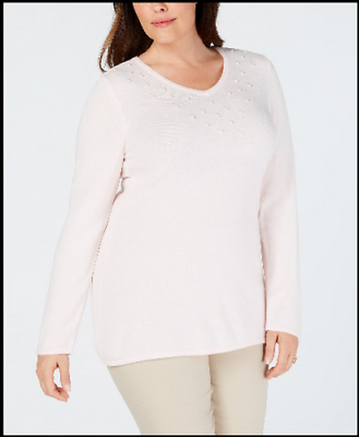Karen Scott Plus Size Luxesoft Faux-Pearl Sweater, Size 1X by Vanessa Jane