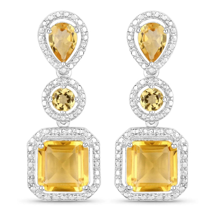 7.58 Ct Yellow Citrine Prong Rhodium Plated Silver Dangle Earrings by Fine Color Jewels