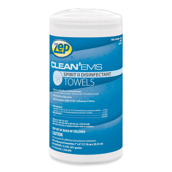 Zep Clean'Ems Spirit II Towels, 8 x 7, Citrus, 80/Canister, 6 Canisters/Carton