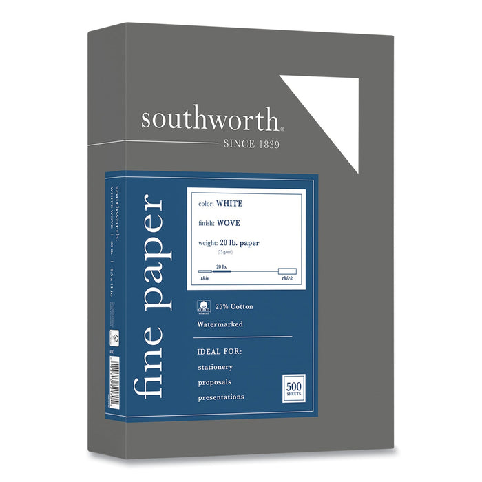 Southworth 25% Cotton Business Paper, 95 Bright, 20 lb Bond Weight, 8.5 x 11, White, 500 Sheets/Ream