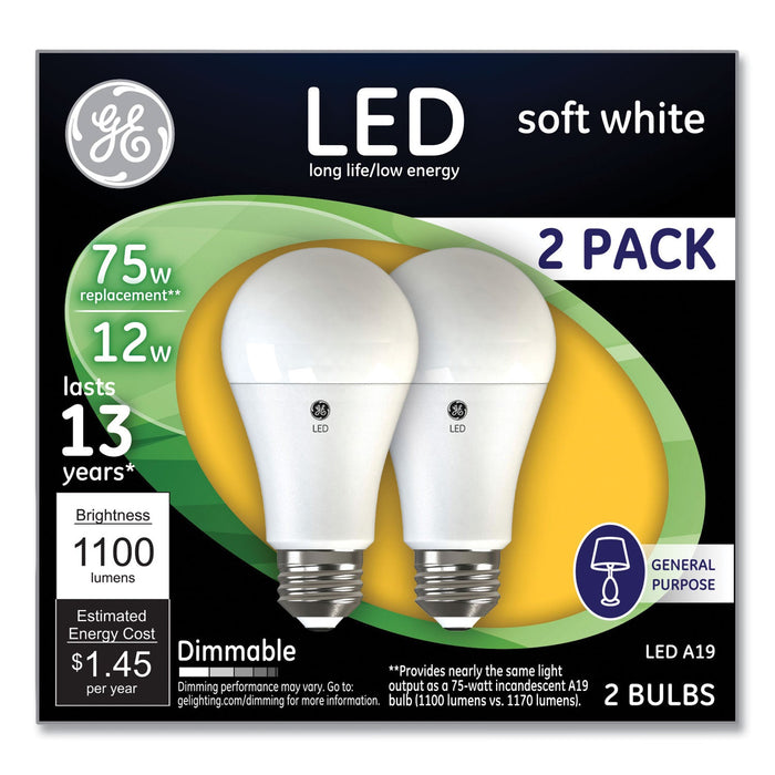 GE 75W LED Bulbs, 12 W, A19 Bulb, Soft White, 2/Pack