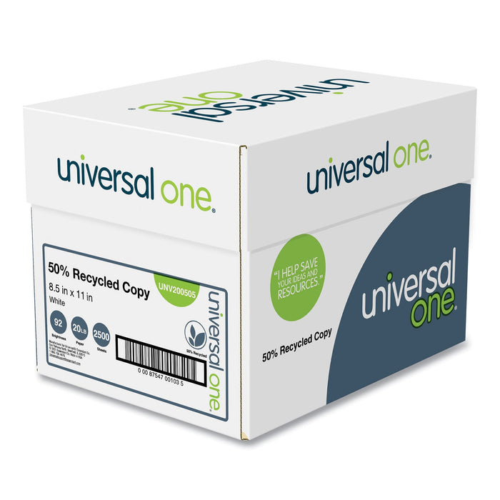 Universal 50% Recycled Copy Paper, 92 Bright, 20 lb Bond Weight, 8.5 x 11, White, 500 Sheets/Ream, 5 Reams/Carton