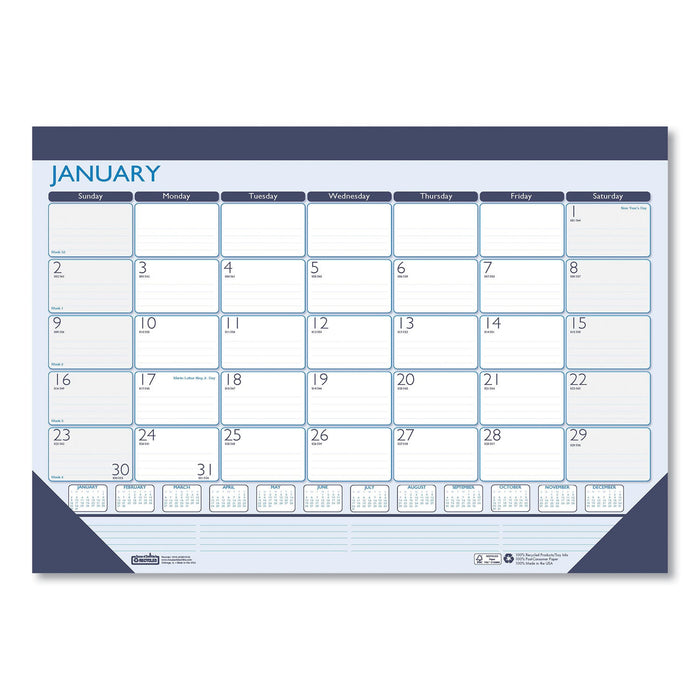 House of Doolittle Recycled Contempo Desk Pad Calendar, 18.5 x 13, White/Blue Sheets, Black Binding, Black Corners, 12-Month (Jan to Dec): 2023