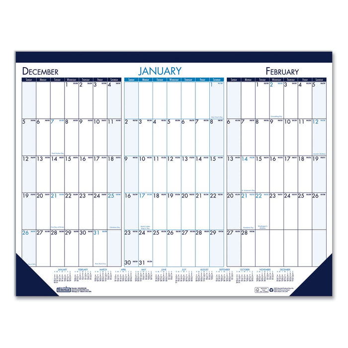 House of Doolittle Three Month Desk Pad, 22 x 17, White/Blue/Teal Sheets, Blue Binding, Blue Corners, 14-Month (Dec to Jan): 2022 to 2024