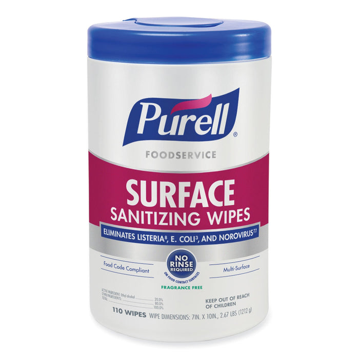 PURELL Foodservice Surface Sanitizing Wipes, 10 x 7, Fragrance-Free, 110/Canister, 6 Canisters/Carton