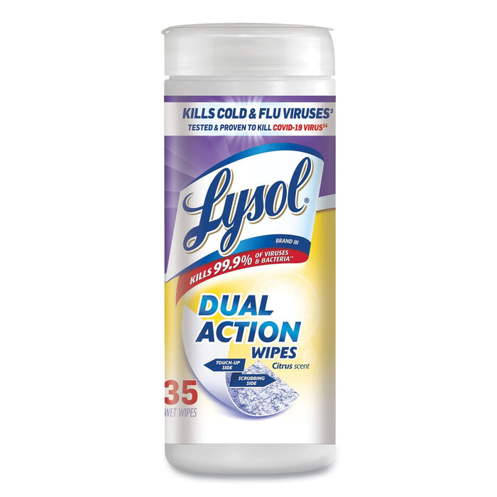 LYSOL Dual Action Disinfecting Wipes, 7 x 7.5, Citrus, White/Purple, 35/Canister, 12 Canisters/Carton