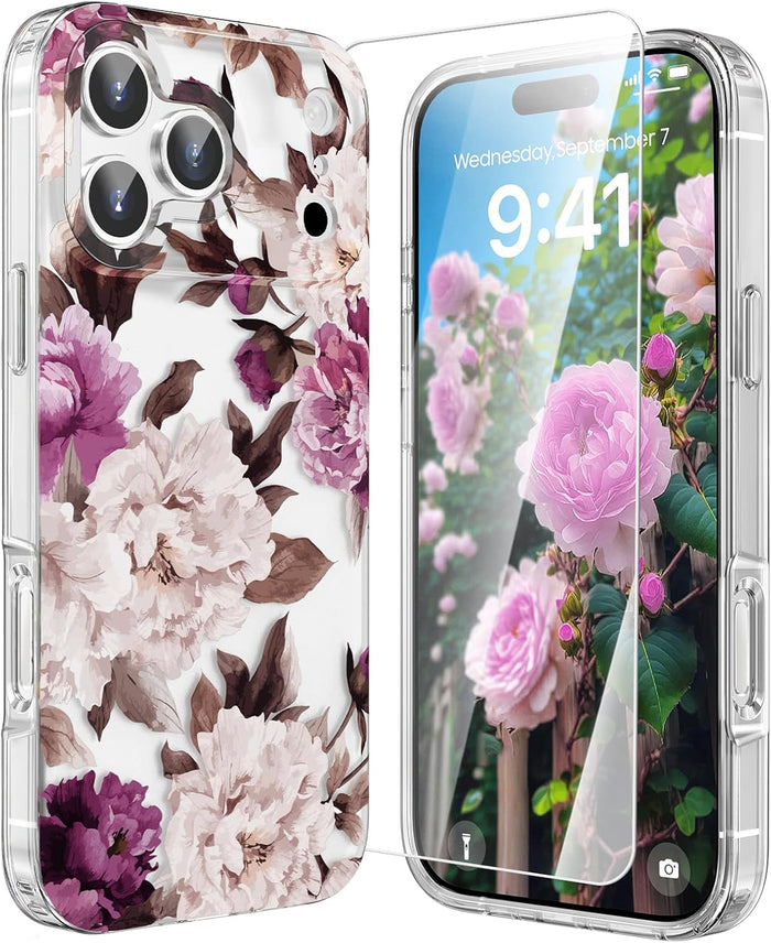 Floral Pattern Case for iPhone 17 Pro 6.3" Rose Shockproof Clear Hard Back Cover by Merch Section
