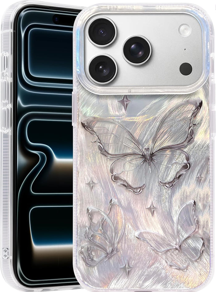 Compact Case for iPhone 17 Pro Max Shiny Silver Butterfly Design