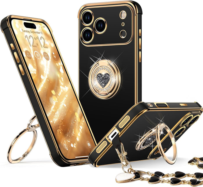 Heart Bling Luxury Case with Double Ring Kickstand for iPhone 17 Pro Black by Merch Section