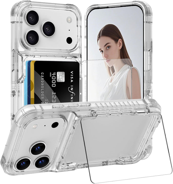 Wallet Case for iPhone 17 Pro 6.3" with Kickstand 4-Card Holder Clear Back Cover by Merch Section