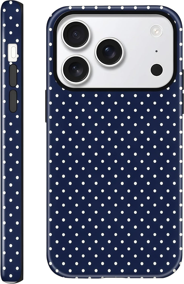 Navy Blue Polka Dot Case for iPhone 17 Pro Glossy Hybrid Hard Shell Scratch Resistant Cover by Merch Section