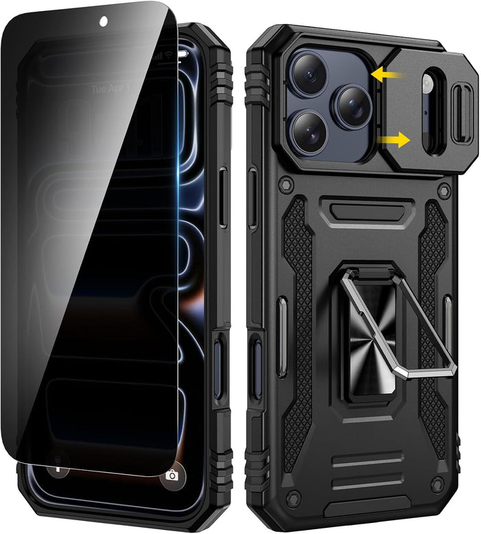 Privacy Screen Protector Case for iPhone 17 Pro 6.3" Black Ring Kickstand Military-Grade by Merch Section