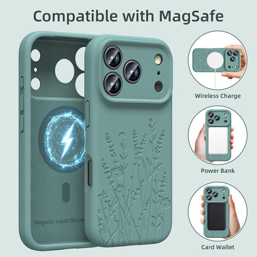 Midnight Green Flower Case for iPhone 17 Pro Slim Liquid Silicone MagSafe Compatible by Merch Section