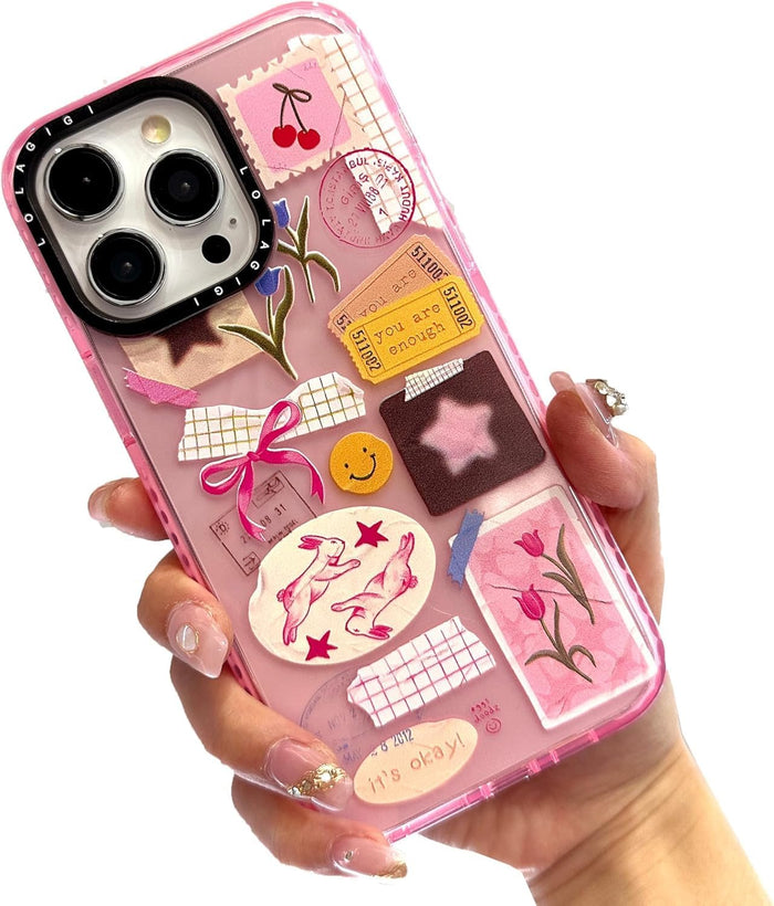 Cute Pink Art Collage Print Case for iPhone 17 Kawaii Cartoon Pattern Soft TPU by Merch Section