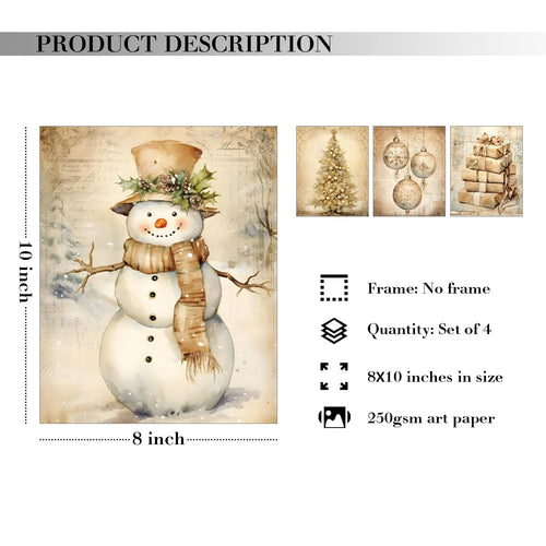 JXREQ Vintage Christmas Wall Art Prints 8x10 Snowman Tree Set of 4 Unframed by Deal US