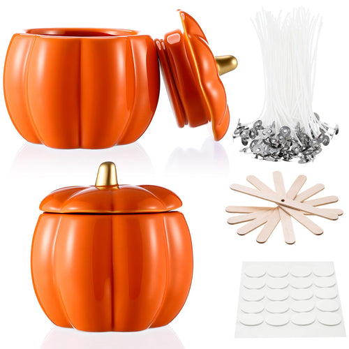 Sliner 2 Pcs 7oz Ceramic Pumpkin Jar Candle Holder Orange Fall Decor by Deal US