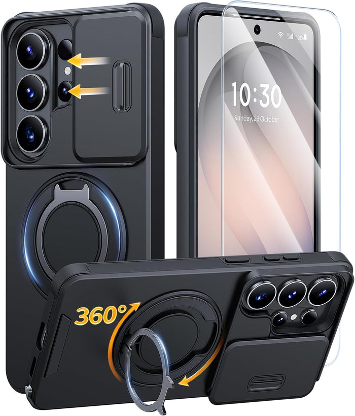 Magnetic Case for Samsung Galaxy S26 Ultra with Ring Stand Slide Camera Cover Screen Protector Black by Merch Section