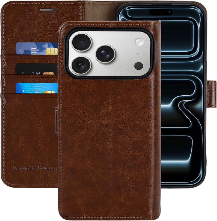 Wallet Case for iPhone 17 Pro with Card Holders and Kickstand Brown by Merch Section