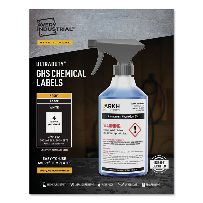 Avery UltraDuty GHS Chemical Waterproof and UV Resistant Labels, 3.5 x 5, White, 4/Sheet, 50 Sheets/Box