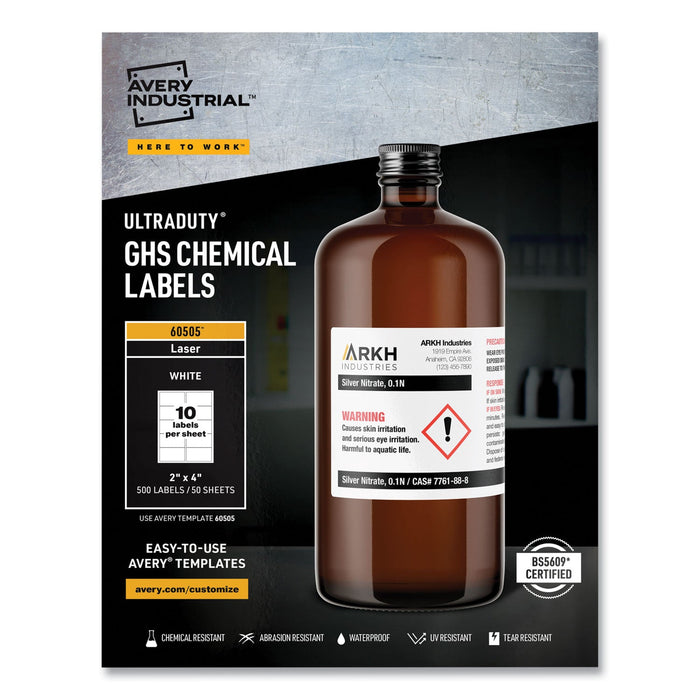 Avery UltraDuty GHS Chemical Waterproof and UV Resistant Labels, 2 x 4, White, 10/Sheet, 50 Sheets/Box
