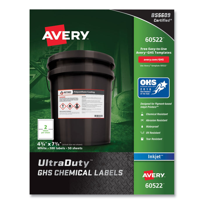 Avery UltraDuty GHS Chemical Waterproof and UV Resistant Labels, 4.75 x 7.75, White, 2/Sheet, 50 Sheets/Pack
