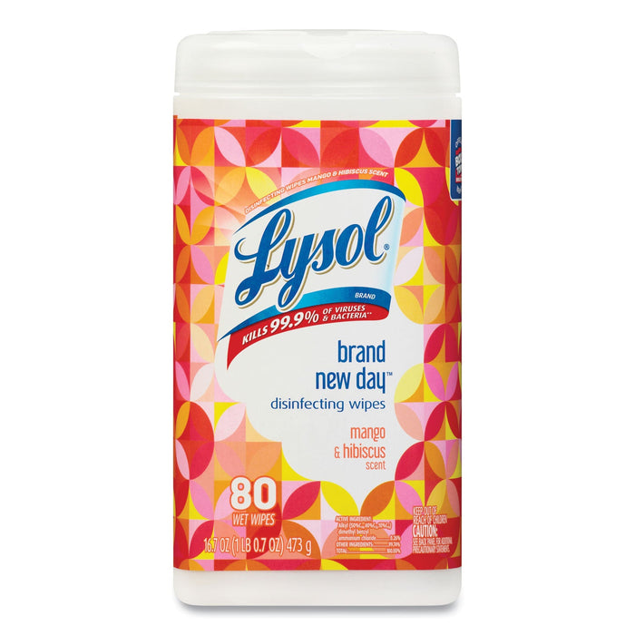 LYSOL Disinfecting Wipes, 7 x 7.25, Mango and Hibiscus, 80 Wipes/Canister, 6 Canisters/Carton