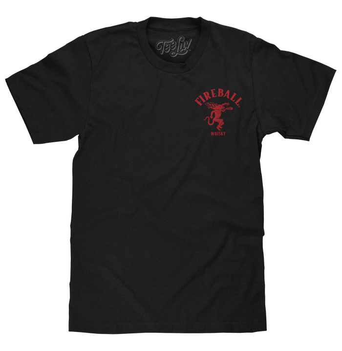 Fireball Whisky Left Chest Front and Back Dragon Mascot Logo T-Shirt - Black by Tee Luv