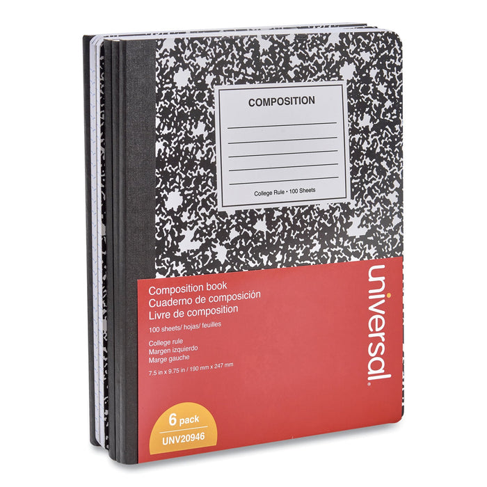 Universal Composition Book, Medium/College Rule, Black Marble Cover, 9.75 x 7.5, 100 Sheets, 6/Pack