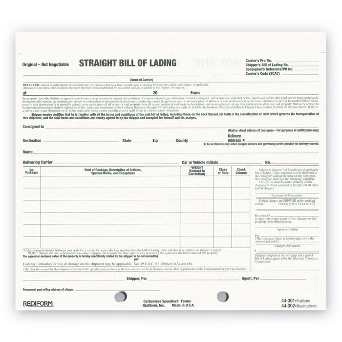 Rediform Bill of Lading Short Form, Three-Part Carbonless, 7 x 8.5, 1/Page, 250 Forms