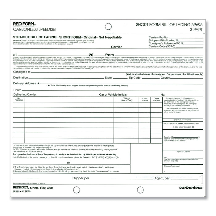 Rediform Bill of Lading, Short Form, Three-Part Carbonless, 7 x 8.5, 1/Page, 50 Forms