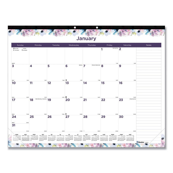 Blueline Passion Monthly Deskpad Calendar, Floral Artwork, 22 x 17, White/Multicolor Sheets, Black Binding, 12-Month (Jan-Dec): 2023