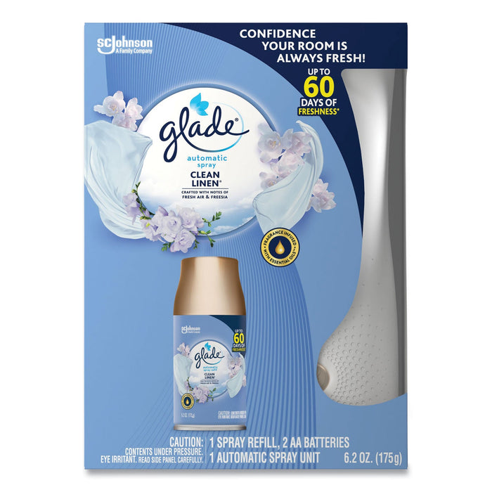 Glade Automatic Spray Starter Kit, Spray Unit and Refill, White/Gold, Clean Linen, 4/Carton