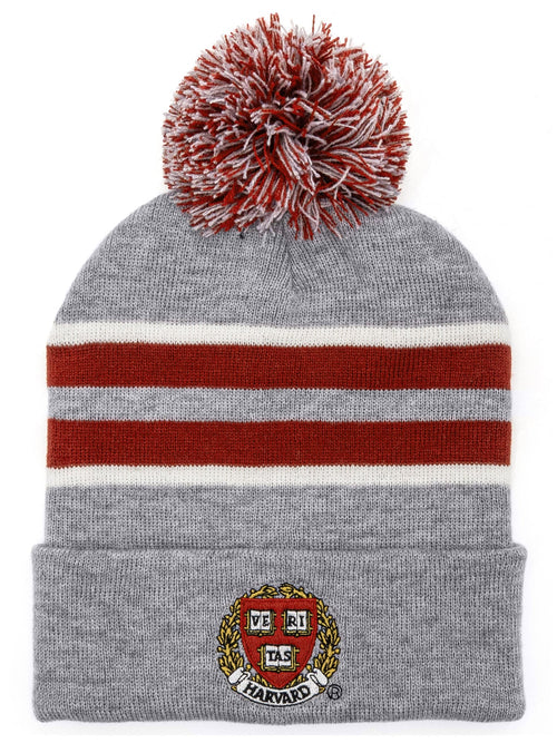 Harvard University Veritas Shield Pom Pom Beanie - Gray/Burgundy/White by Tee Luv