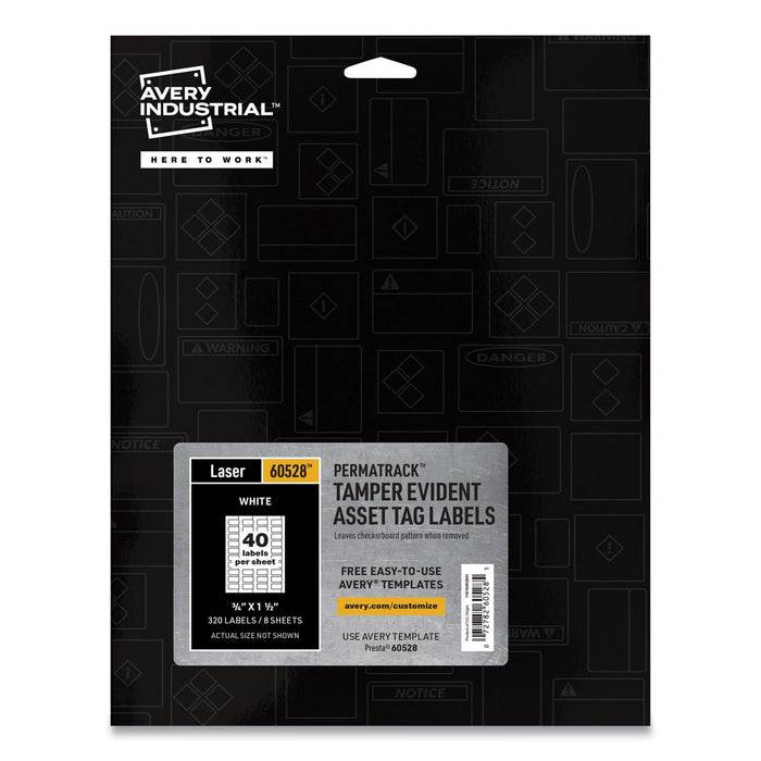 Avery PermaTrack Tamper-Evident Asset Tag Labels, Laser Printers, 0.75 x 1.5, White, 40/Sheet, 8 Sheets/Pack