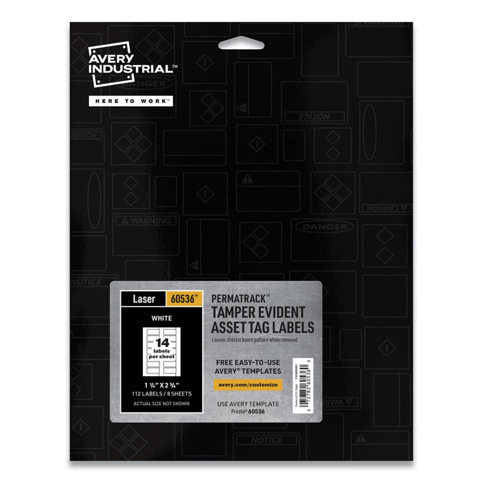 Avery PermaTrack Tamper-Evident Asset Tag Labels, Laser Printers, 1.25 x 2.75, White, 14/Sheet, 8 Sheets/Pack