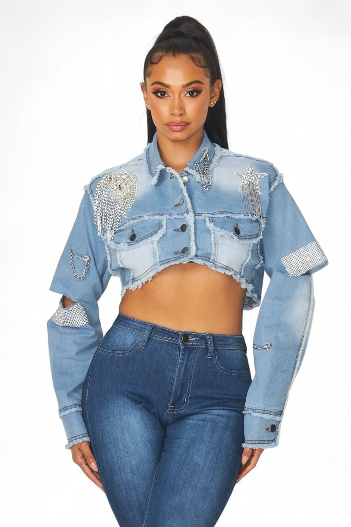 Medley Rhinestone Detail Crop Denim Jean Jacket by The House of Stylez
