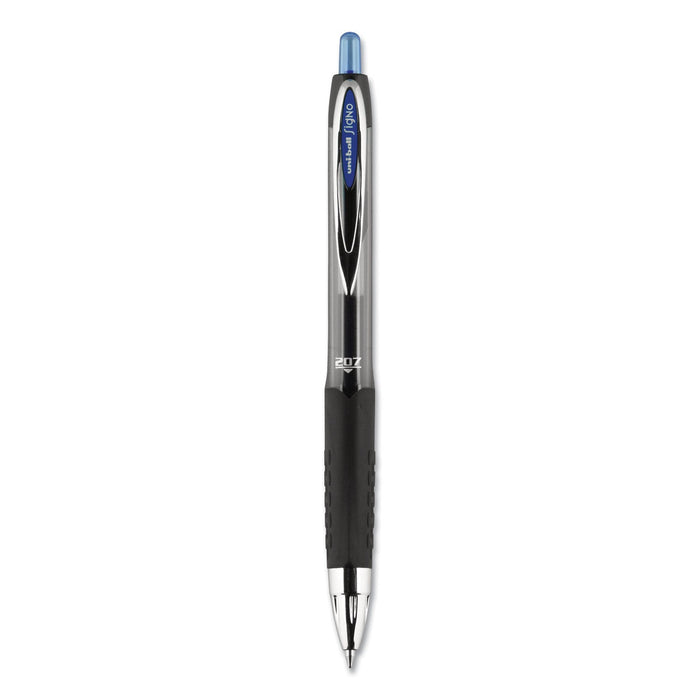 uniball Signo 207 Gel Pen, Retractable, Medium 0.7 mm, Blue Ink, Smoke/Black/Blue Barrel, Dozen