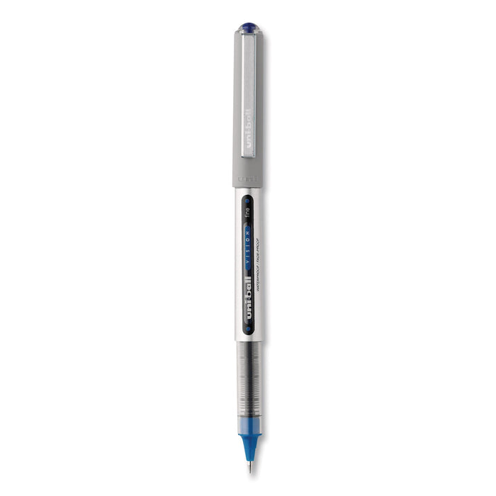 uniball VISION Roller Ball Pen, Stick, Fine 0.7 mm, Blue Ink, Blue/Gray Barrel, Dozen