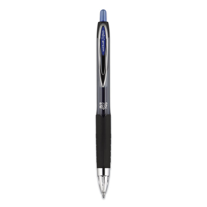 uniball Signo 207 Gel Pen, Retractable, Bold 1 mm, Blue Ink, Black/Blue Barrel, Dozen
