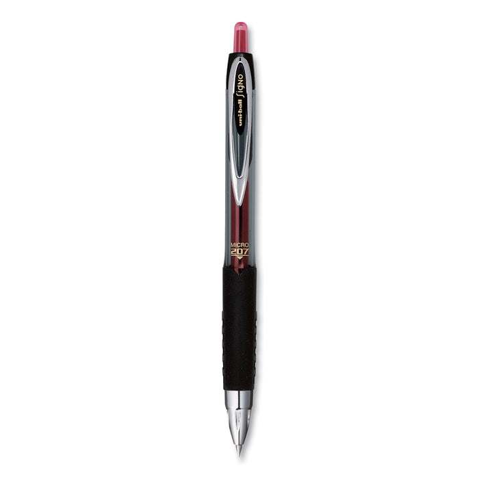 uniball Signo 207 Gel Pen, Retractable, Micro 0.5 mm, Red Ink, Smoke/Black/Red Barrel, Dozen