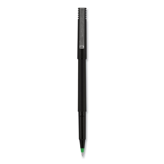 uniball Roller Ball Pen, Stick, Fine 0.7 mm, Green Ink, Black Matte Barrel, Dozen