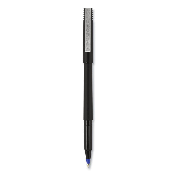 uniball Roller Ball Pen, Stick, Micro 0.5 mm, Blue Ink, Black Matte Barrel, Dozen