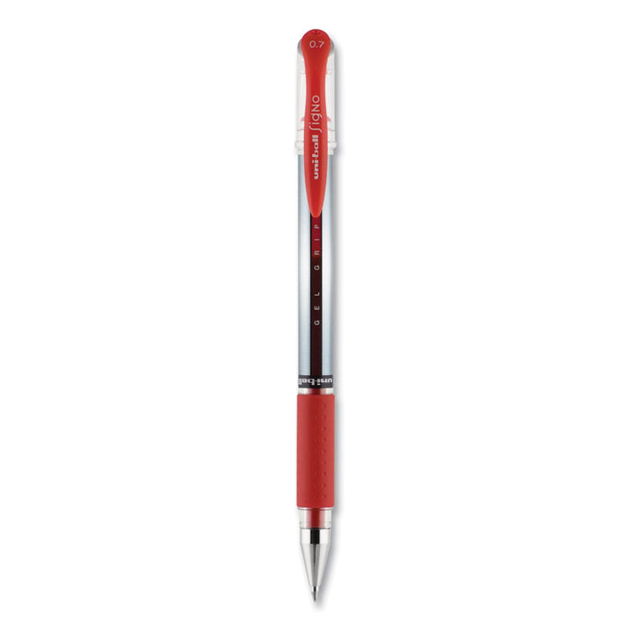 uniball Signo GRIP Gel Pen, Stick, Medium 0.7 mm, Red Ink, Silver/Red Barrel, Dozen