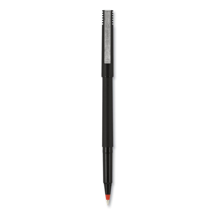 uniball Roller Ball Pen, Stick, Micro 0.5 mm, Red Ink, Black Matte Barrel, Dozen